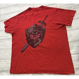 Nintendo Legend of Zelda Hylian Shield & Sword Men's Red T Shirt Rare Size XL
